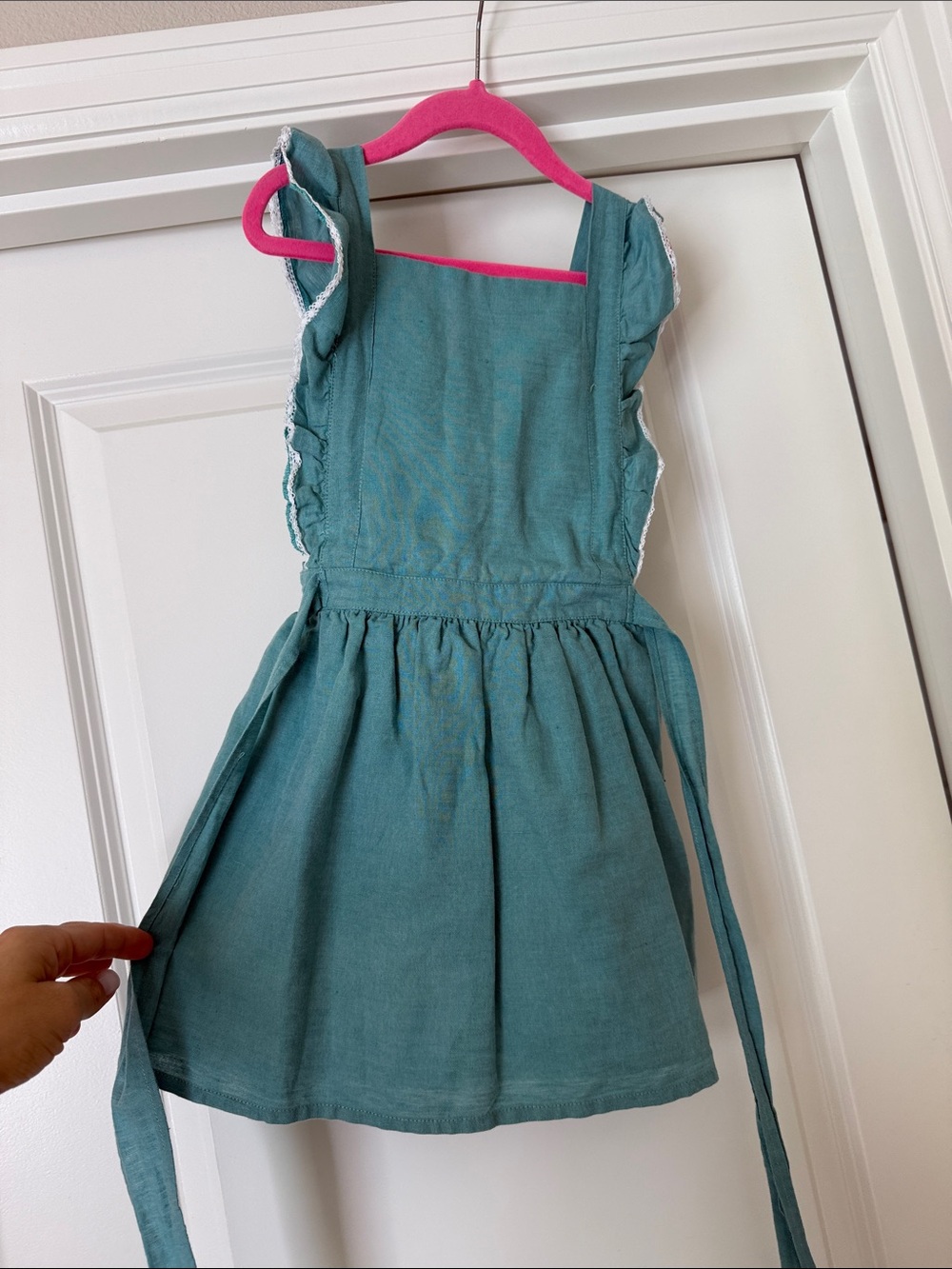 Girls Teal Ruffle-Trim Cotton Tie-Back Dress